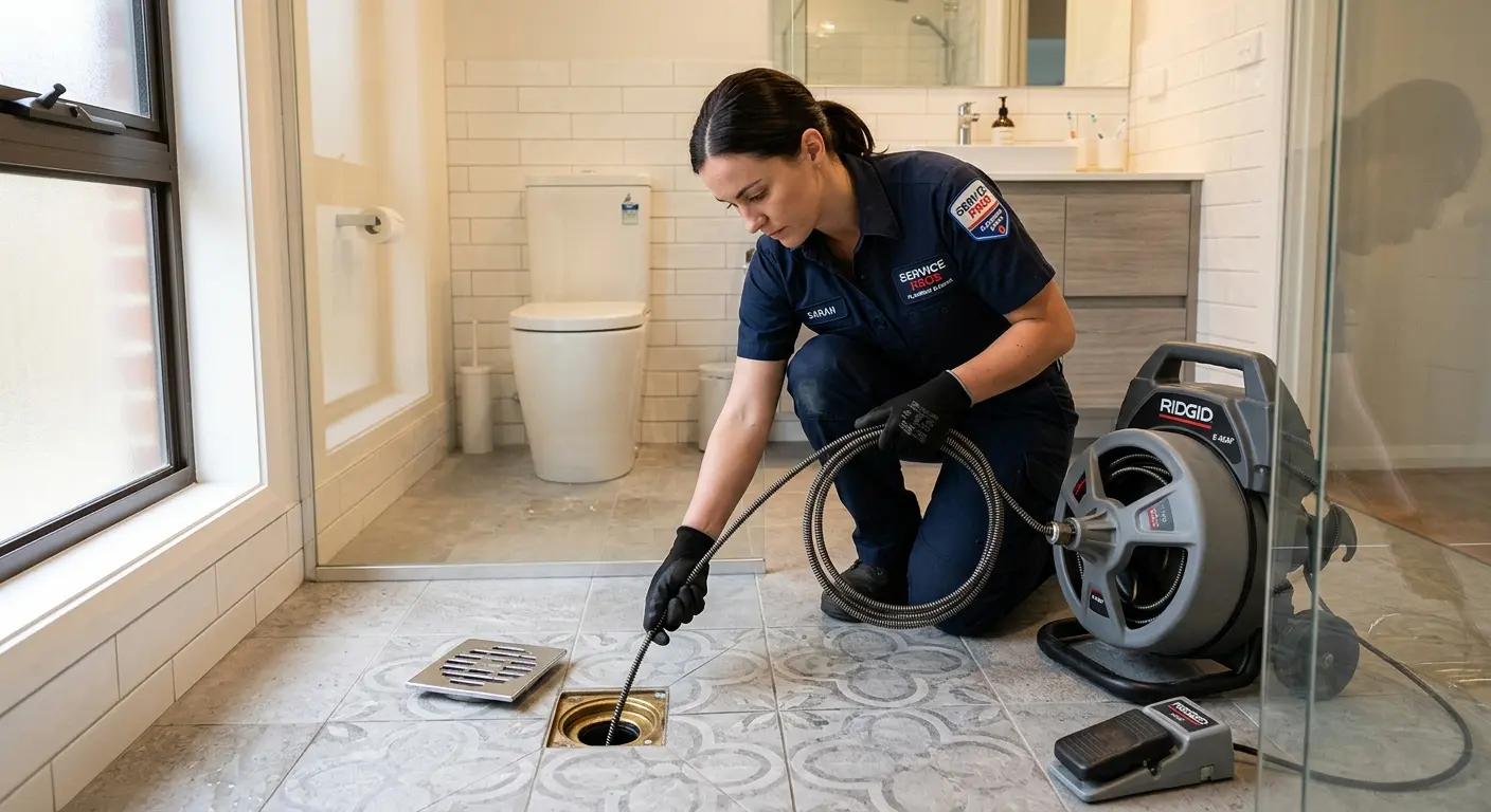 Technician clearing a bathroom floor drain for Drain Repair in Boiling Spring Lakes